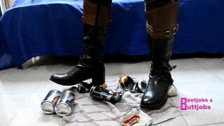 Crushing beer cans with Riding leather Boots & kicking you POV
